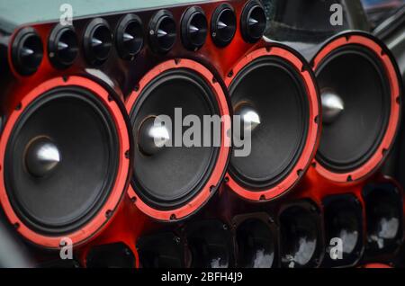 Installed powerful audio speakers in front door of the car Stock Photo