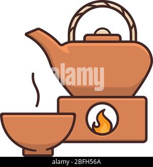Tea pot, stove and cup isolated vector illustration for Tea Day on April 21st. Hot drink and crockery symbol. Stock Vector
