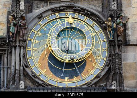 Close-up of the Astronomical dial with Zodiacal ring at Astronomical Clock, Prague, Czech Republic Stock Photo