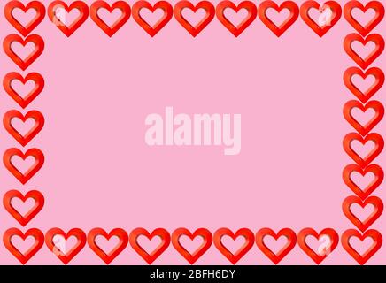 background with copy space . Rectangle with silk hearts on white background . 3d heart . Pink textile background with a border of red valentine hearts Stock Photo