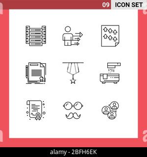 Universal Icon Symbols Group of 9 Modern Outlines of paper, deal, data, contract, report Editable Vector Design Elements Stock Vector