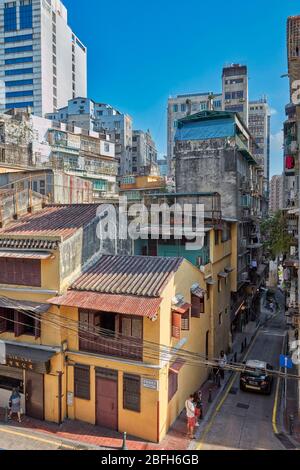 Elevated view of old buildings in historic district. Macau, China. Stock Photo