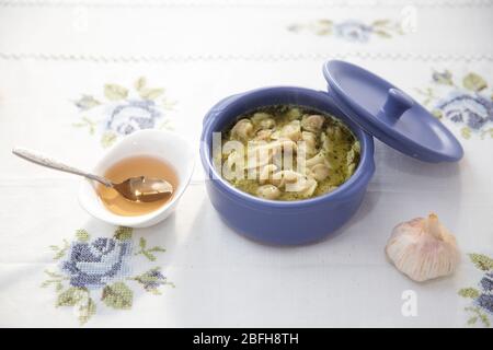 Chuchpara, kind of dumpling, which is popular in Central Asia, Kyrgyz, Azerbaijan cuisine, Traditional assorted dishes, Top view. Traditional Stock Photo