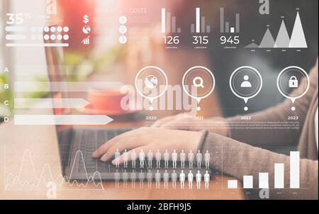 Female hands on laptop. Collage with graphs and charts Stock Photo