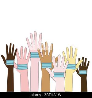 hands of different people and they are wearing medical masks. Stock Vector