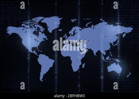 llustrartion of world map with matrix binary code falling Stock Photo