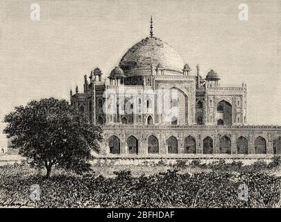 The tomb of Emperor Humayun, a complex of Mughal architecture buildings in the Indian city of Delhi. Unesco World Heritage Site, India. Old engraving Stock Photo