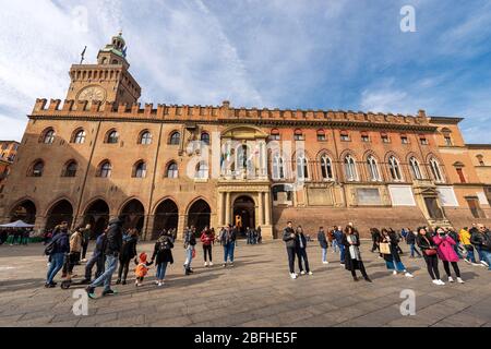 Piazza Maggiore with the Accursio palace and Accursi Tower, ancient palace used as a town hall in downtown of Bologna, XIII century. Italy Stock Photo