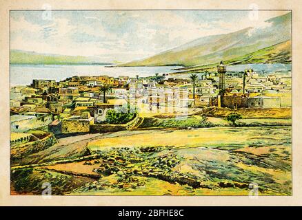 Landscape panoramic view village of Tiberais, Lake of Tiberias, Sea of Galilee. Israel, old color chromolithography The Holy Land 1898 Stock Photo