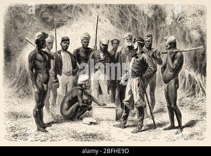 French emissary giving gifts to New Caledonian natives, New Caledonia. Old engraving illustration, Journey to New Caledonia by Jules Garnier Stock Photo