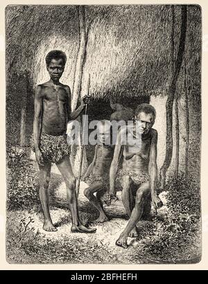 Native indigenous family at the door of their hut in Kanala, New Caledonia. Old engraving illustration, Journey to New Caledonia by Jules Garnier Stock Photo