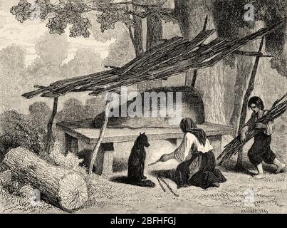 Gypsies preparing food in an oven in the forest, great Hungarian plain, Hungary. Europe, Old engraving illustration Trip land of southern Slavs by M. Stock Photo