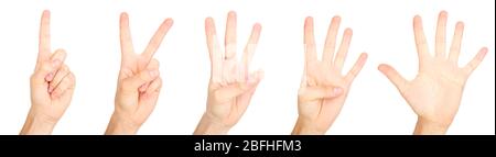 Collage of hands making signs, on black background Stock Photo - Alamy