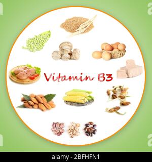 Collage of food containing vitamin B3 Stock Photo