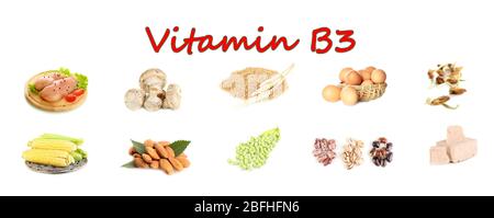 Collage of food containing vitamin B3 Stock Photo