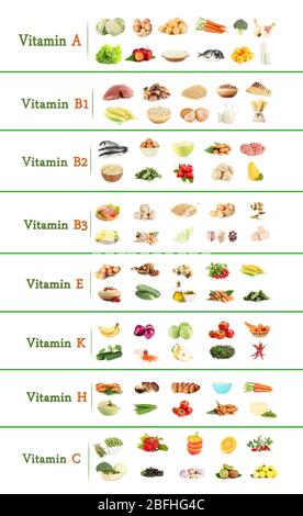 Collage of various food products containing vitamins Stock Photo