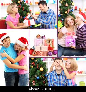 Collage of happy family celebrating New Year at home Stock Photo