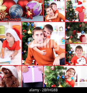 Collage of happy family celebrating New Year at home Stock Photo