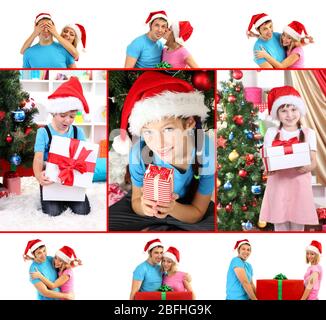 Collage of happy family celebrating New Year at home Stock Photo