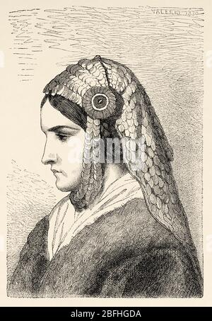 Settler woman, Bosnian military border, Bosnia. Europe, Old engraving illustration Trip land of southern Slavs by M. Perrot Stock Photo