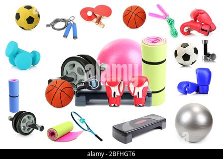 Sports equipment collage isolated on white Stock Photo