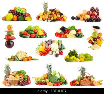 Collage of fruits and vegetables isolated on white Stock Photo