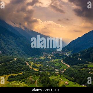 Aerial view of the San Bernardino mountain pass in the Swiss Alps, Switzerland Stock Photo