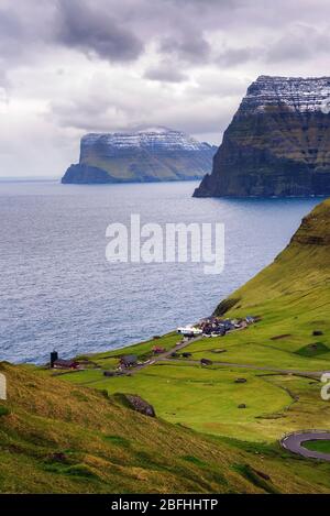 Village of Trollanes on the island of Kalsoy in Faroe Islands, Denmark Stock Photo