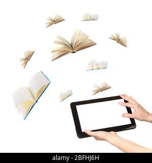 Tablet and opened books isolated on white Stock Photo