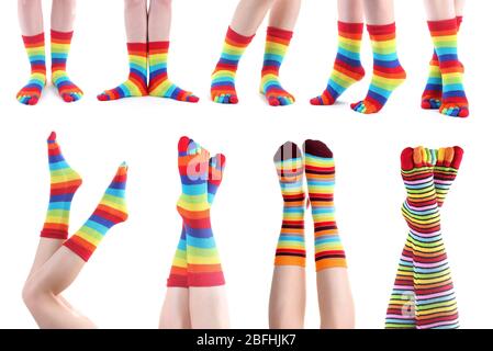 Collage of female legs in colorful socks Stock Photo