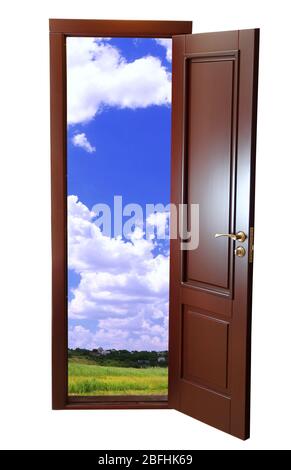 Field view through an open door isolated on white Stock Photo