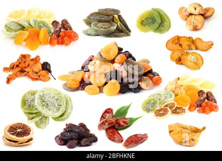 Collage of dried fruits isolated on white Stock Photo
