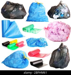 Collage of different garbage bags isolated on white Stock Photo