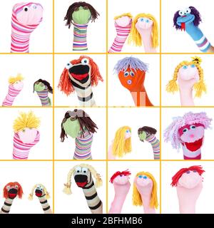 Collage of different funny sock puppets Stock Photo