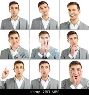 Collage of handsome emotional man isolated on white Stock Photo - Alamy