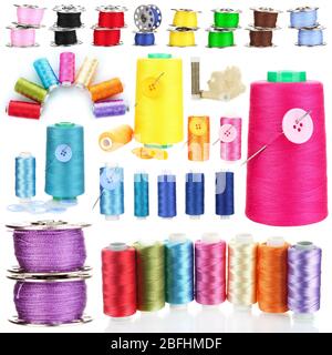 Collage of bright bobbin threads isolated on white Stock Photo