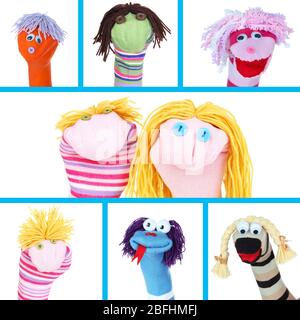 Collage of different funny sock puppets Stock Photo