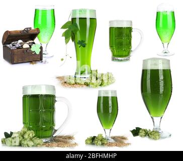 Collage of green beer, isolated on white. St. Patrick's Day Stock Photo