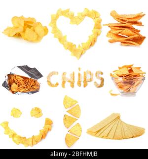 Collage of  tasty potato chips isolated on white Stock Photo