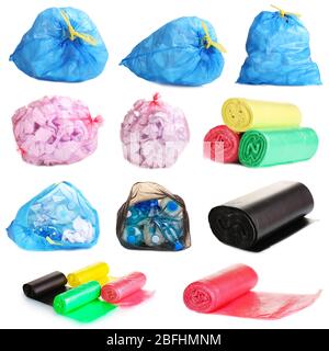 Collage of different garbage bags  isolated on white Stock Photo