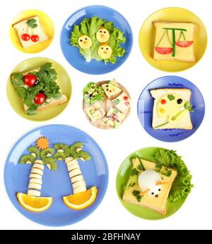 Collage of fun food for kids isolated on white Stock Photo
