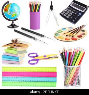 Collage of school supplies isolated on white Stock Photo