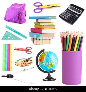 Collage of school supplies isolated on white Stock Photo