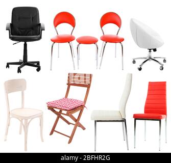 Collage of different chairs isolated on white Stock Photo