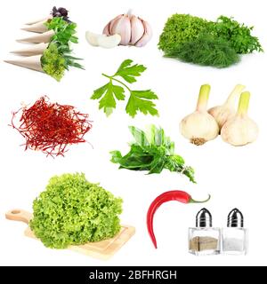 Collage of herbs and spices isolated on white Stock Photo