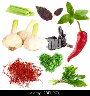 Collage of herbs and spices isolated on white Stock Photo