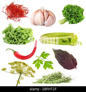 Collage of herbs and spices isolated on white Stock Photo