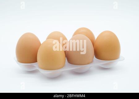 Six Large eggs on plastic tray on a plain white background and one of the items in short supply just across many UK supermarkets due to Cover-19 panic Stock Photo