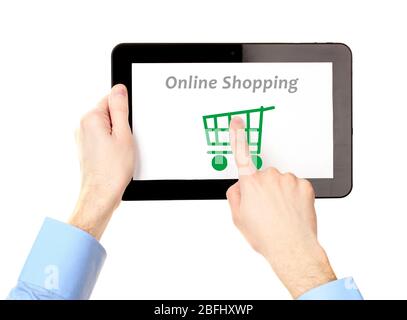 Concept for Internet shopping: hands holding tablet isolated on white Stock Photo