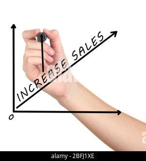 Businessman hand draws business success chart isolated on white Stock Photo